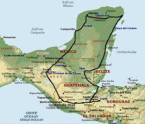 Maya_kaart Het leefgebied van de Maya's: Midden-Amerika. Symbolisch voor de positie van de Maya's: De 'brug' tussen Hemel en Aarde.