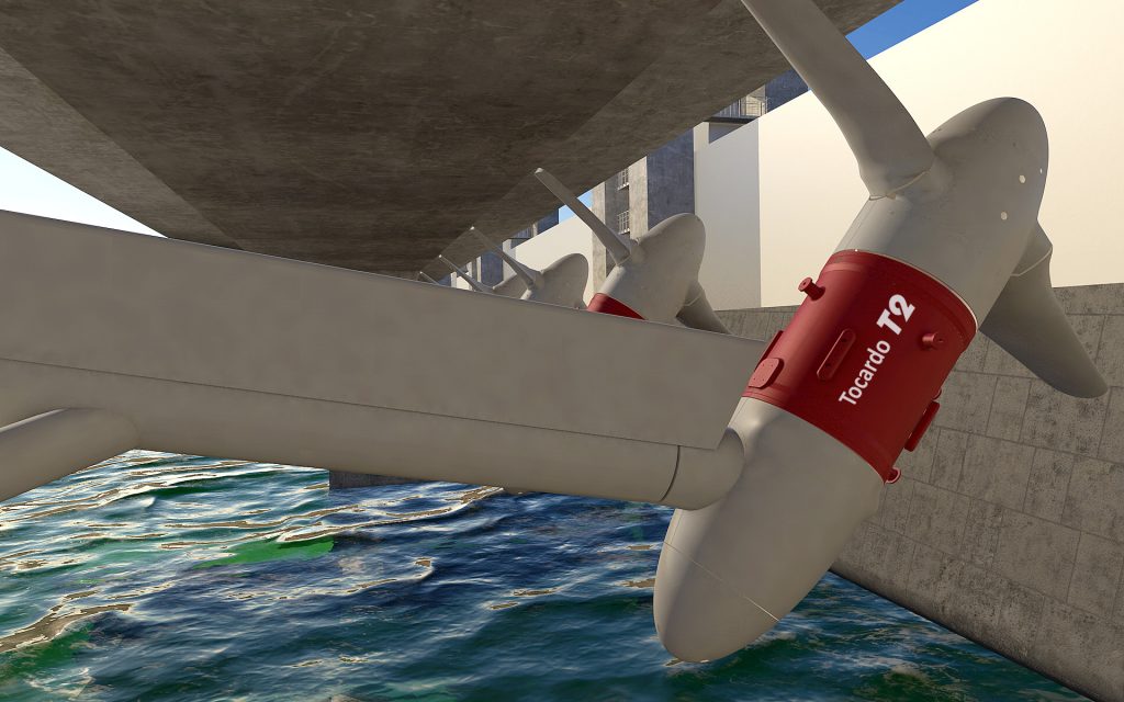 De ophanging van de waterturbines aan de grote basisconstructie is zódanig dat de turbines uit het Oosterscheldewater kunnen worden gedraaid voor bijv. onderhoud.