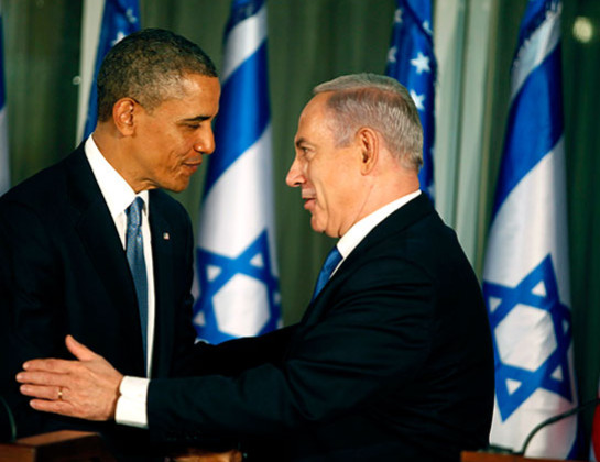 U.S. President Barack Obama (L) greets Israeli Prime Minister Benjamin Netanyahu during a press conference on March 20, 2013 in Jerusalem, Israel.