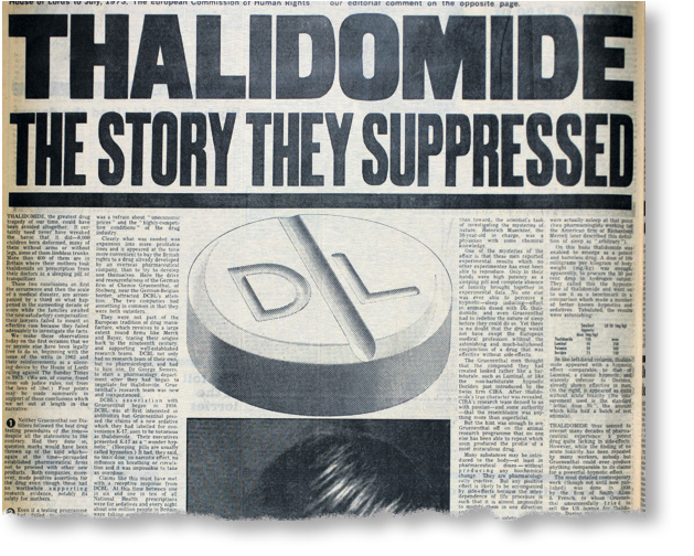 Front page from The Sunday Times dated 27.06.1976 for story on Thalidomide. Headline: Thalidomide The Story They Suppresed.