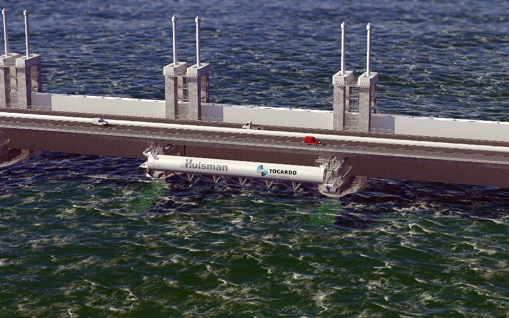 Op deze manier worden de getijde-turbines aan de Oosterschelde-stormkering gehangen.