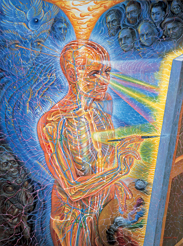 Prachtig kunstwerk van Alex Grey, waarin hij de kosmische ontvangerfunctie van de pijnappelklier uitbeeldt.