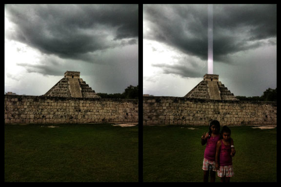Een foto van zijn kinderen voor de piramide van Chizeniza, werd de foto van zijn leven. Waar hij dacht een bliksem gefotografeerd te hebben, bleek deze foto exact op het juist moment deze lichtbundel te pakken te hebben..!